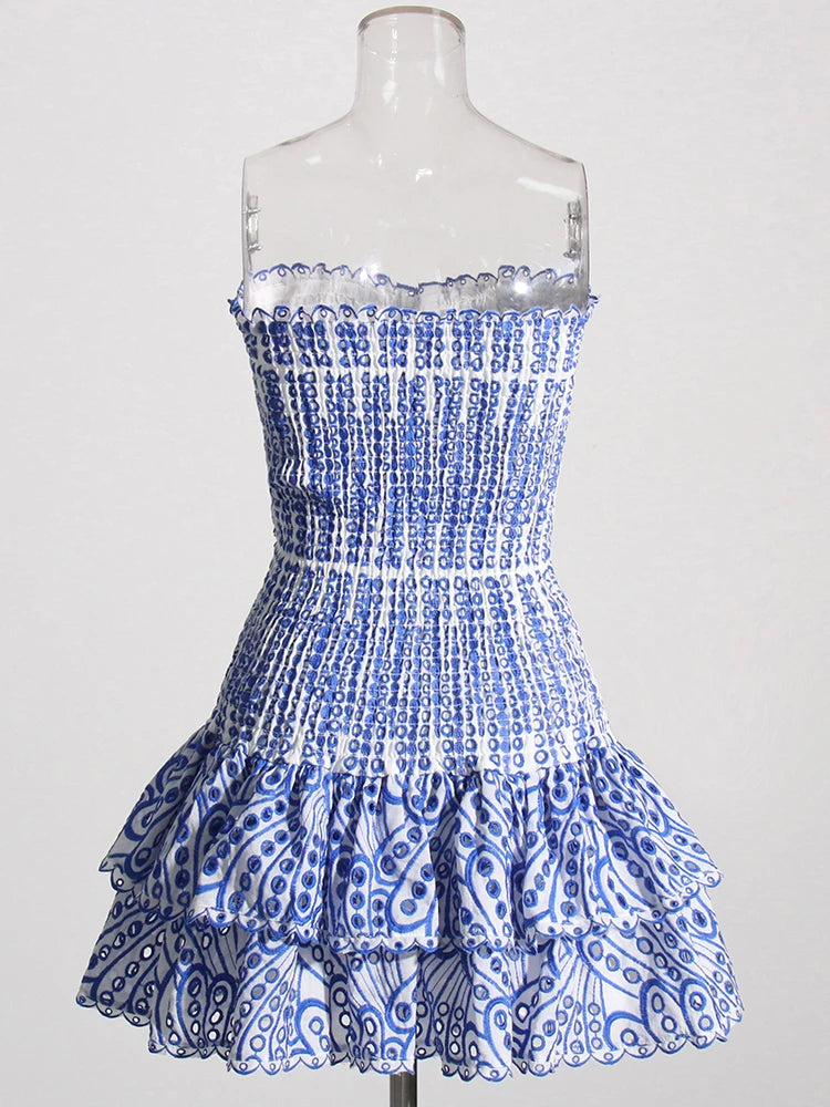 The Amalfi Porcelain Print Strapless Dress | Ruffle Hem