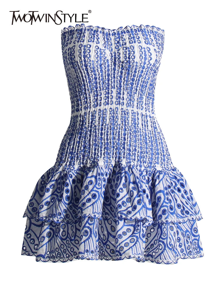 The Amalfi Porcelain Print Strapless Dress | Ruffle Hem