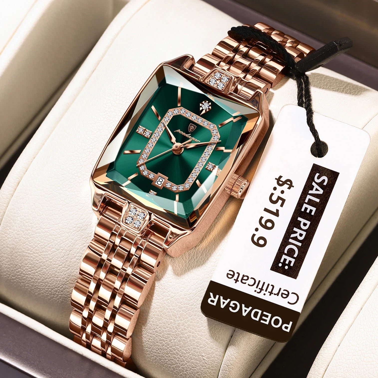 The Emerald Vintage Square Watch | Rose Gold & Stainless Steel