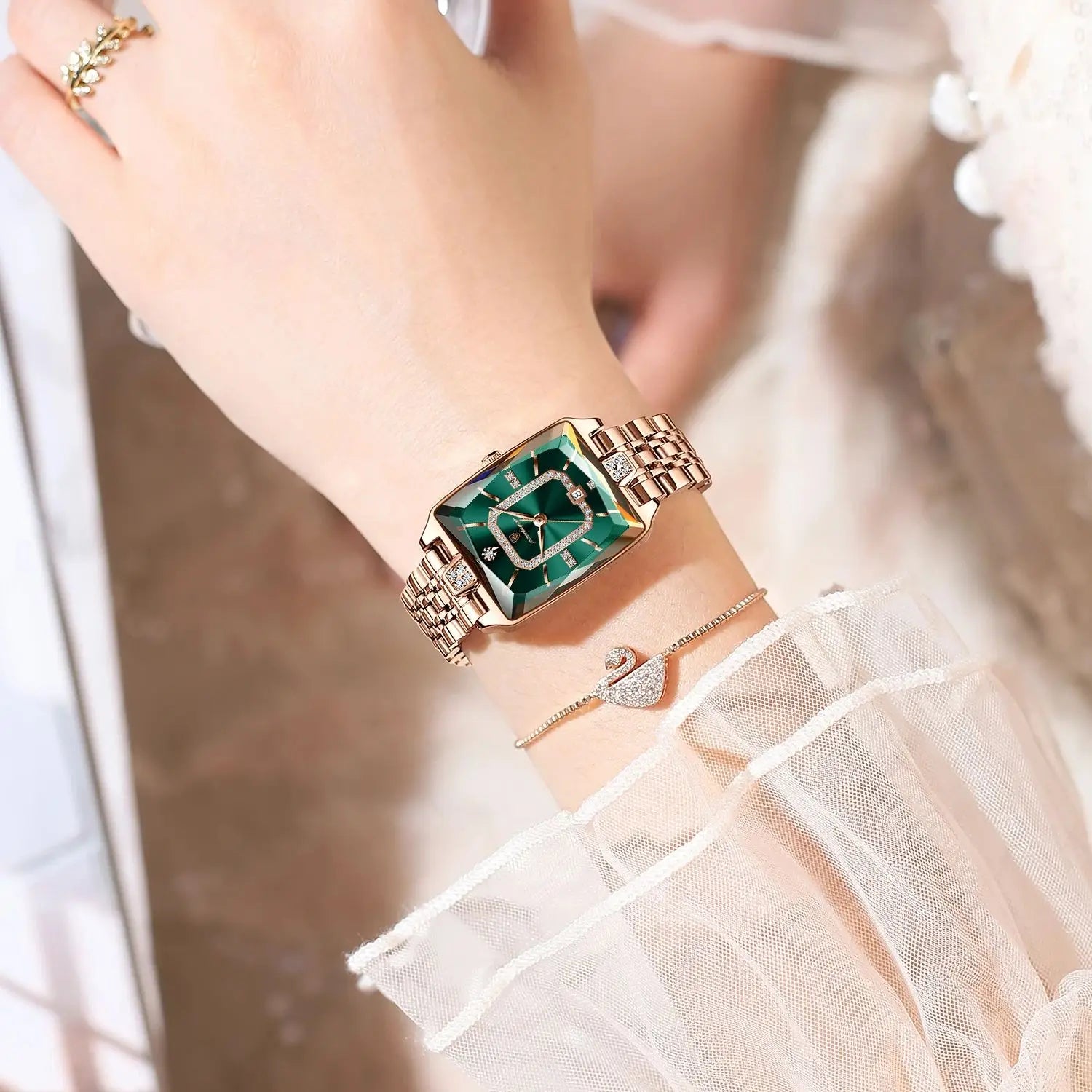 The Emerald Vintage Square Watch | Rose Gold & Stainless Steel