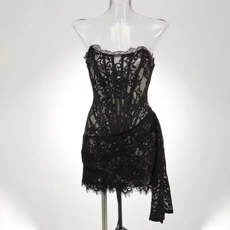 Midnight Allure Lace Mini Dress | Sheer Patchwork Edition